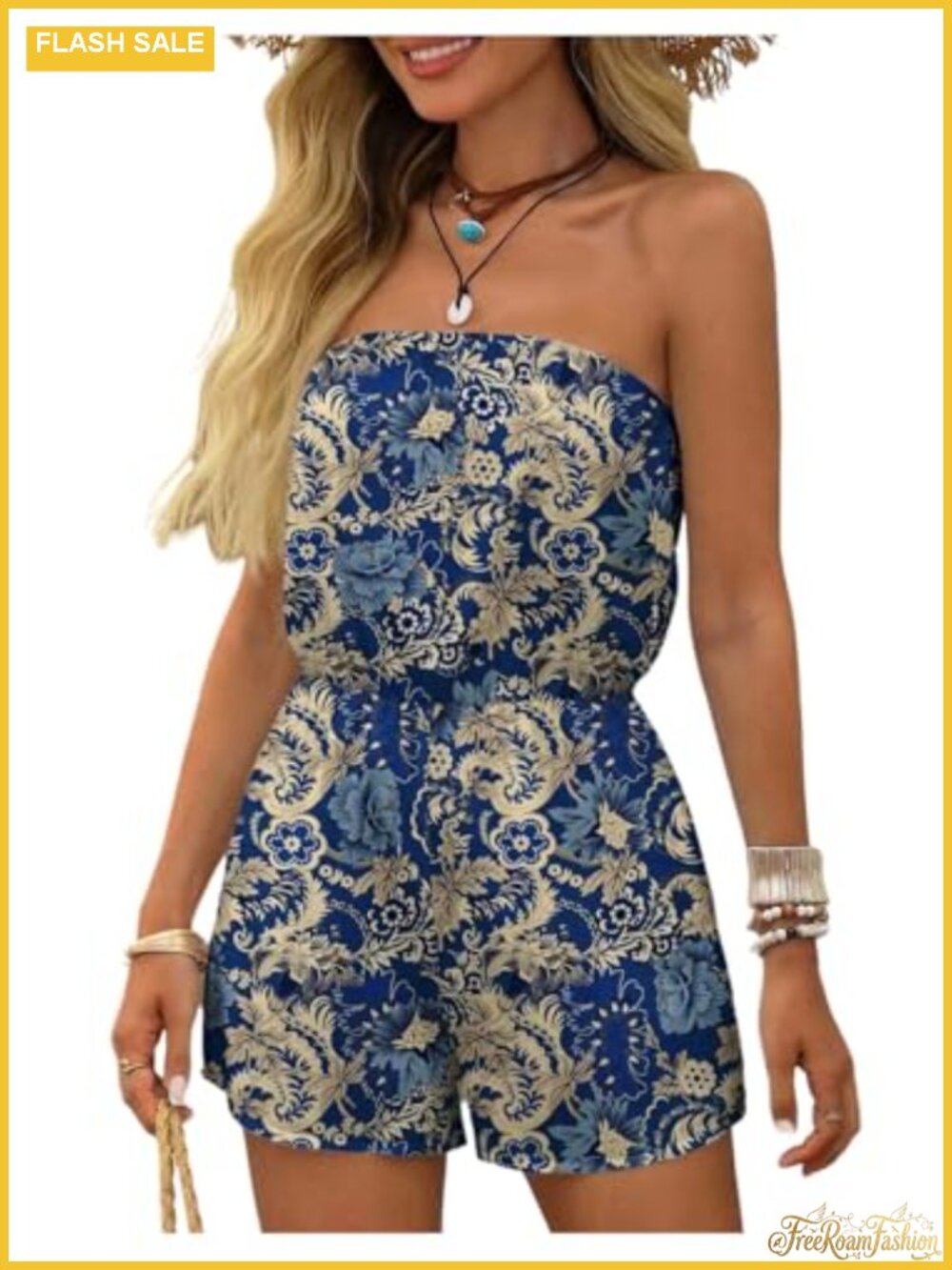 Boho Floral Strapless Romper Jumpsuit Sleeveless Elastic Waist Shorts